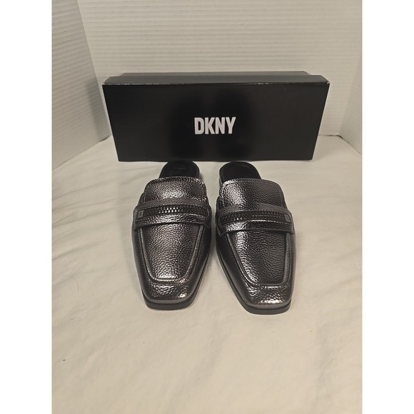 DKNY Black Loafer Zipper Strap Elin Square Toe Slip On‎ Leather Mules Womens 6 - Picture 1 of 7